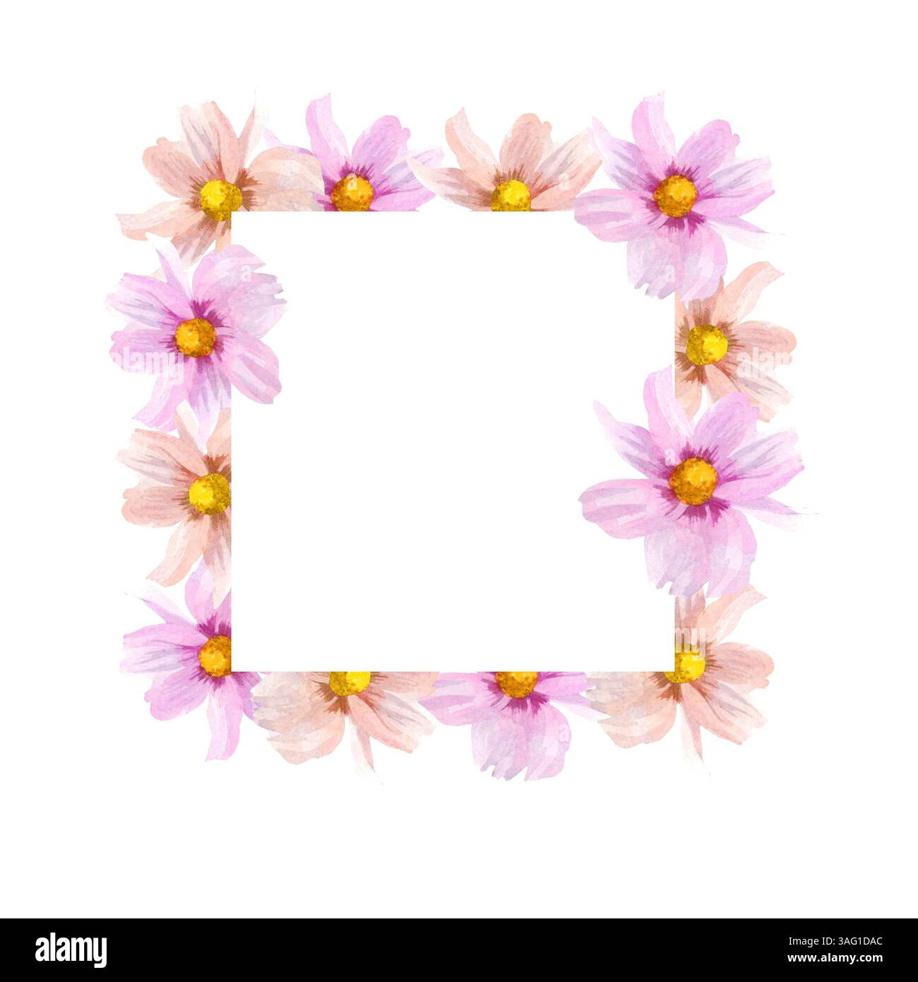 Quadratischer Rahmen mit rosa Aquarellblumen. Stockfoto