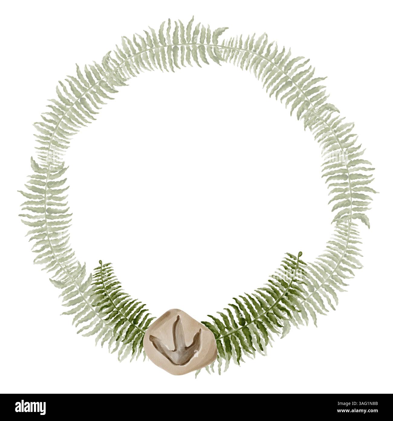 Kranz aus Farnblättern. Große geschnitzte Blätter. Die runde Kräuterzusammensetzung. Rahmen von Pflanzen. Medaillon mit Fossil. Dinosaurier-Fußabdruck. Aquarell Stockfoto Kranz aus Farnblättern. Große geschnitzte Blätter. Die runde Kräuterzusammensetzung. Rahmen von Pflanzen. Medaillon mit Fossil. Dinosaurier-Fußabdruck. Aquarell Stockfoto