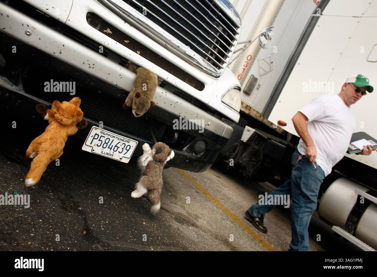 BILDUNTERSCHRIFT: (09.01.2007, San Antonio). Eine gefüllte Ratte, ein Fuchs und eine Katze hängen an der Vorderseite von Darrin Raybourns Rig, 41, als er am Flying J in San Antonio Halt macht. Die Dekoration zieht mit Absicht Aufmerksamkeit auf sich, genau wie das Chrom oder die Lichter, die andere Lkw-Fahrer aufsetzten: „Sie wären überrascht, wie die Leute den 75 Fuß 80.000lb-Lkw manchmal erst sehen können, wenn sie ihn treffen.“ Raybourn sagt auch, dass sie die Wagenmeister manchmal so ablenken, dass sie vergessen, sein Gewicht zu betrachten, während er vorbeifliegt... (Bild: St. Petersburg Times/ZUMAPRESS.com) Stockfoto