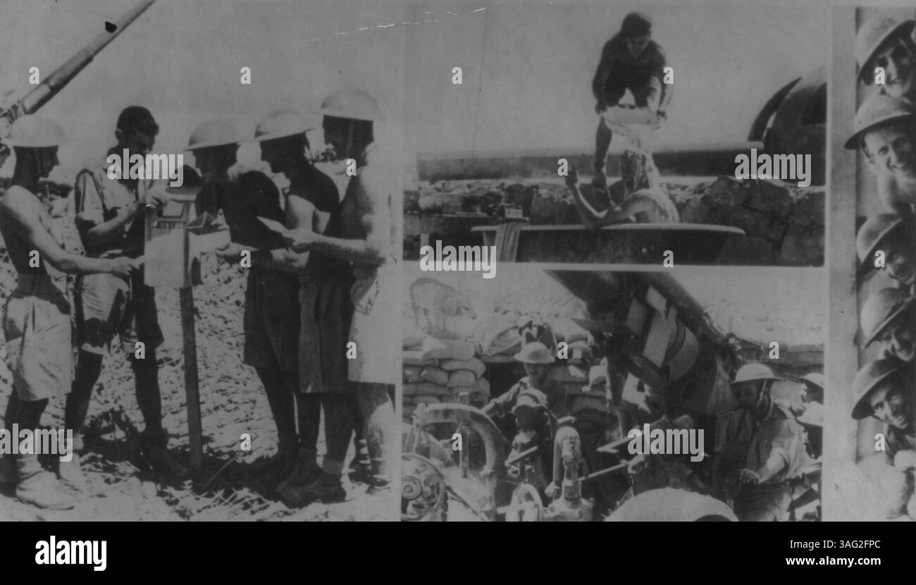 In Beseiged Tobruk werden in diesen offiziellen britischen Bildern Randlichter des Lebens der britischen Garnisonsgruppe Beseiged Tobruk in Nordafrika enthüllt. Links, die Besatzung einer Flugabwehrkanone Post Briefe in einem Briefkasten in der Nähe ihrer Post. Oben in der Mitte, ein Schütze nimmt ein Bad im Schatten einer der Küstenverteidigungswaffen der Stadt. Unten rechts sehen schottische Flugabwehrschützen, Tobucks „Sackgläubige“, aus ihrem Hauptquartier. September 1941. (Foto von AP Wirephoto). Stockfoto