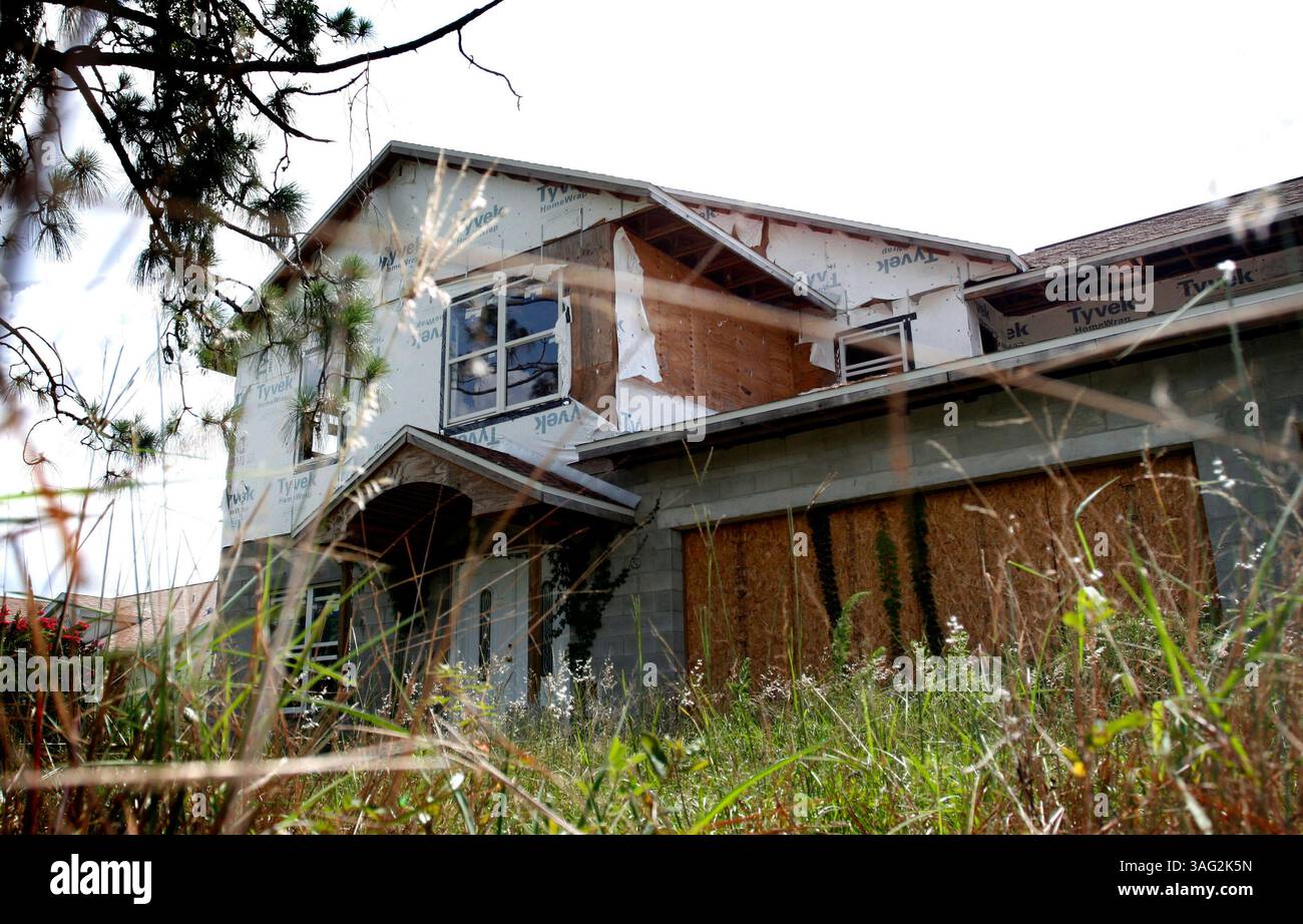 Brooksville, 18.6.2008-- ein unvollendetes Haus in Spring Hill liegt zwischen verwachsenem Unkraut, Fenster überboten.. ZUSAMMENFASSUNG DER GESCHICHTE: Hernando County führt den Staat in schlechter Wirtschaft für die Bewohner an - 2. In der Arbeitslosigkeit, 1. In öffentlichen Hilfeanträgen, 1. In foodstamps, ist in der Hausvollstreckung für die Gegend. Wir holen die Statistiken ein und geben ein menschliches Gesicht. Misael Sosa ist ein arbeitsloser Elektriker. Er wird sich am Dienstag bei Florida Power in Crystal River und Cemex Mines bewerben. RON THOMPSON | Times (Credit Image: St Petersburg Times/ZUMAPRESS.com) Stockfoto