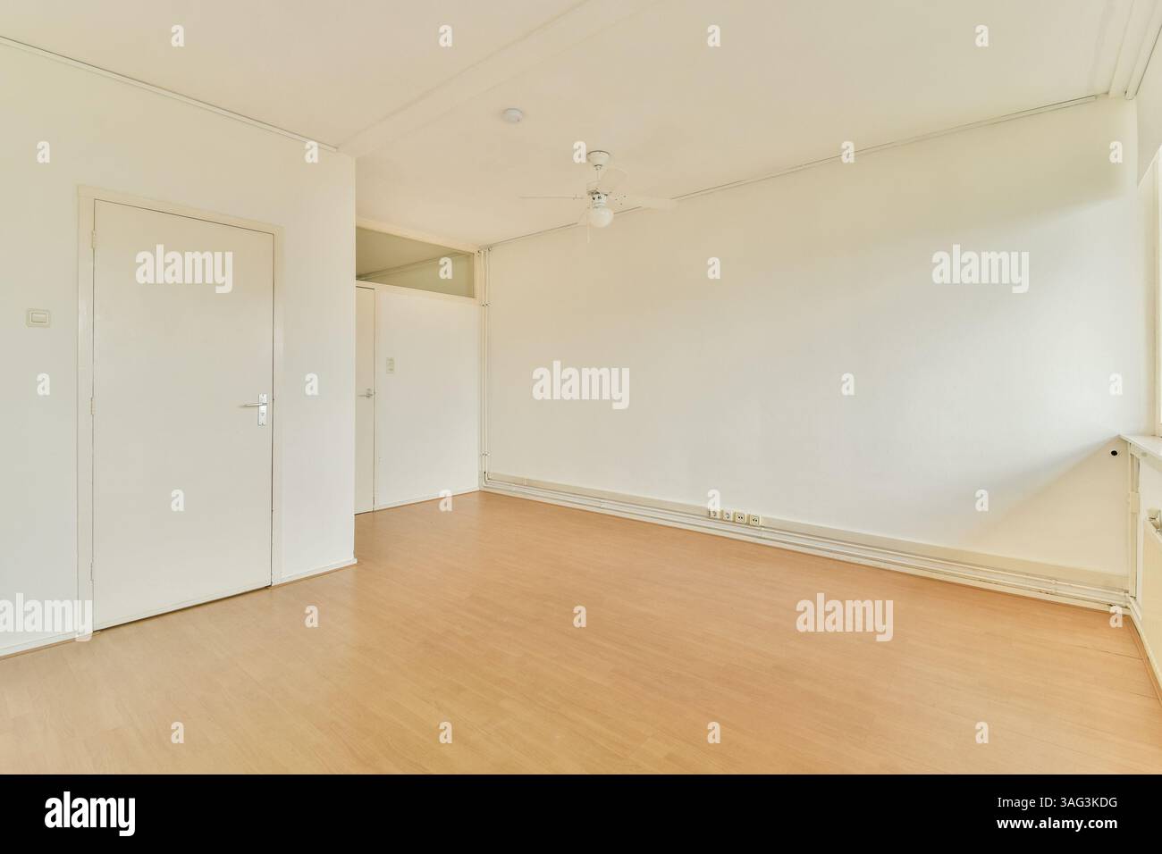 Ein einfacher und sauberer Innenraum mit hellen Wänden und Holzfußboden bietet eine geräumige und luftige Atmosphäre. Stockfoto