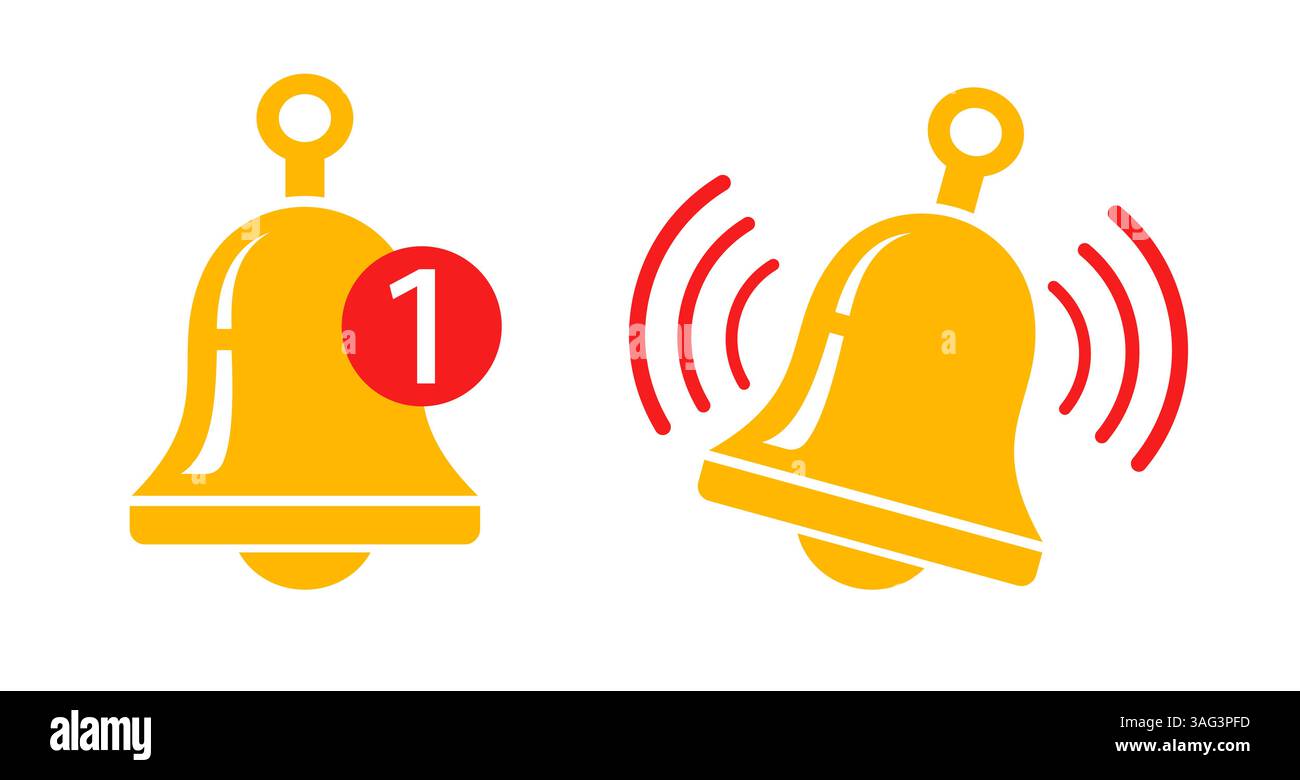 Vektor setzt Symbole der metallischen Glocke in flachem Stil. Vektorklingelton für Wecker und Smartphone-Anwendungsalarm. Stock Vektor