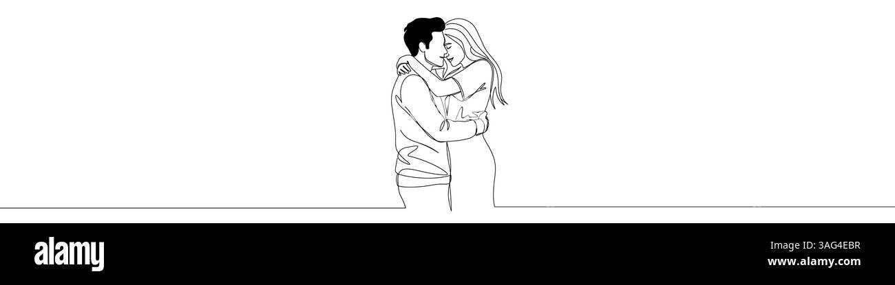 Symbol für ein Liebespaar, gezeichnet mit einer Linie. Schwarze Umrisse eines Mannes und einer Frau, die sich umarmen, mit einer einzigen durchgehenden Linie. Vektorabbildung. Stock Vektor