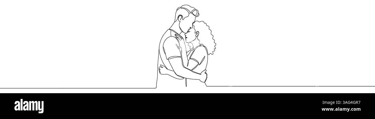 Symbol für ein Liebespaar, gezeichnet mit einer Linie. Schwarze Umrisse eines Mannes und einer Frau, die sich umarmen, mit einer einzigen durchgehenden Linie. Vektorabbildung. Stock Vektor