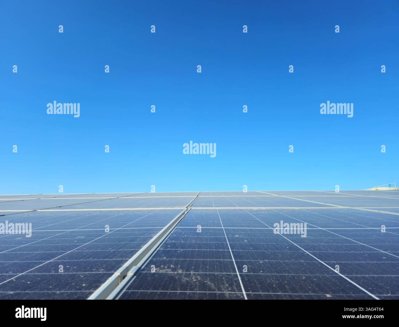 Nahaufnahme von Sonnenkollektoren unter klarem Himmel – Erneuerbare Energien und Solarstromerzeugung Stockfoto