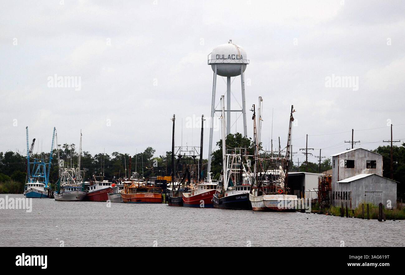 30. Juni 2012 - Dulac, LA, USA - Garnelenboote säumen die Ufer von Bayou Dulac in Dulac, Lousiana, Sonntag, 10. Juni 2012. Die Houma-Indianer sind an der Südostküste Louisianas verstreut, an Orten wie Dulac, einer Welt, in der sich die Küstenerosion verschlimmert. Es ist ein schwieriger Ort, um seinen Lebensunterhalt zu verdienen, Garnelen aus den Sümpfen und Küstengewässern zu ziehen. Die Houma, die den Beginn ihres Französischs bis zu den ersten Entdeckern in den späten 1600er Jahren verfolgen, arbeiten mit dem französischen Konsulat zusammen, um ein eintauchen-Programm in die französische Sprache zu starten. (Kreditbild: © David Grunfeld/MCT/MCT/ZUMAPRESS.com) Stockfoto