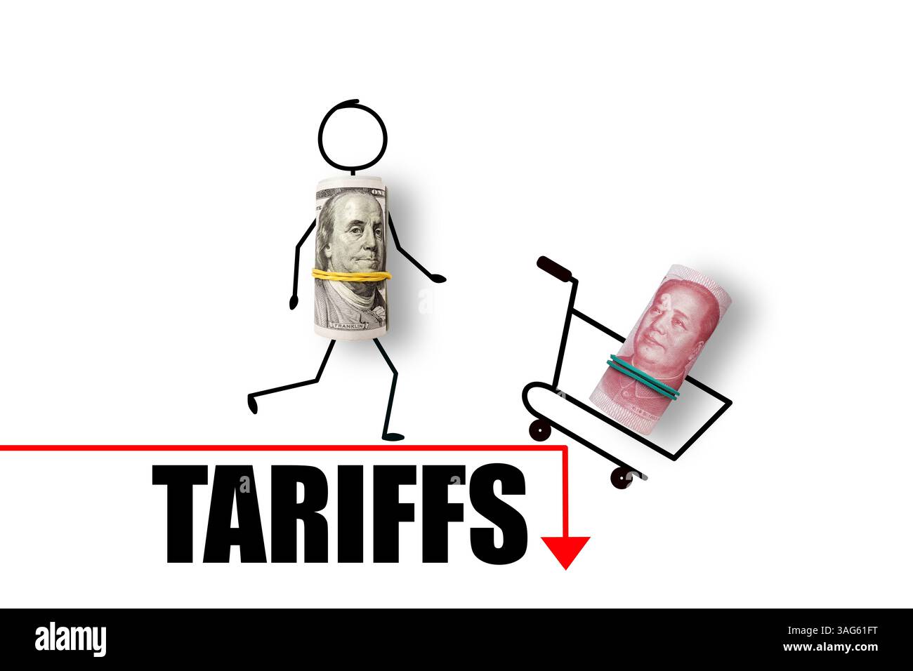 Warenkorb mit 100 Dollar und 100 Yuan auf rotem Pfeil. Handel und Zölle Krieg. Wirtschaftskrise, Inflation und Rohstoffpreiskonzept Stockfoto