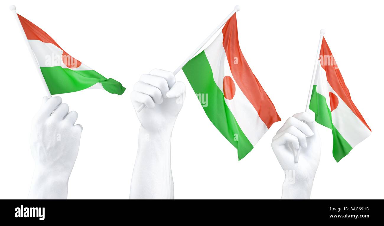 Hand hält die Flagge von Niger. Isoliertes 3D-Rendering Stockfoto