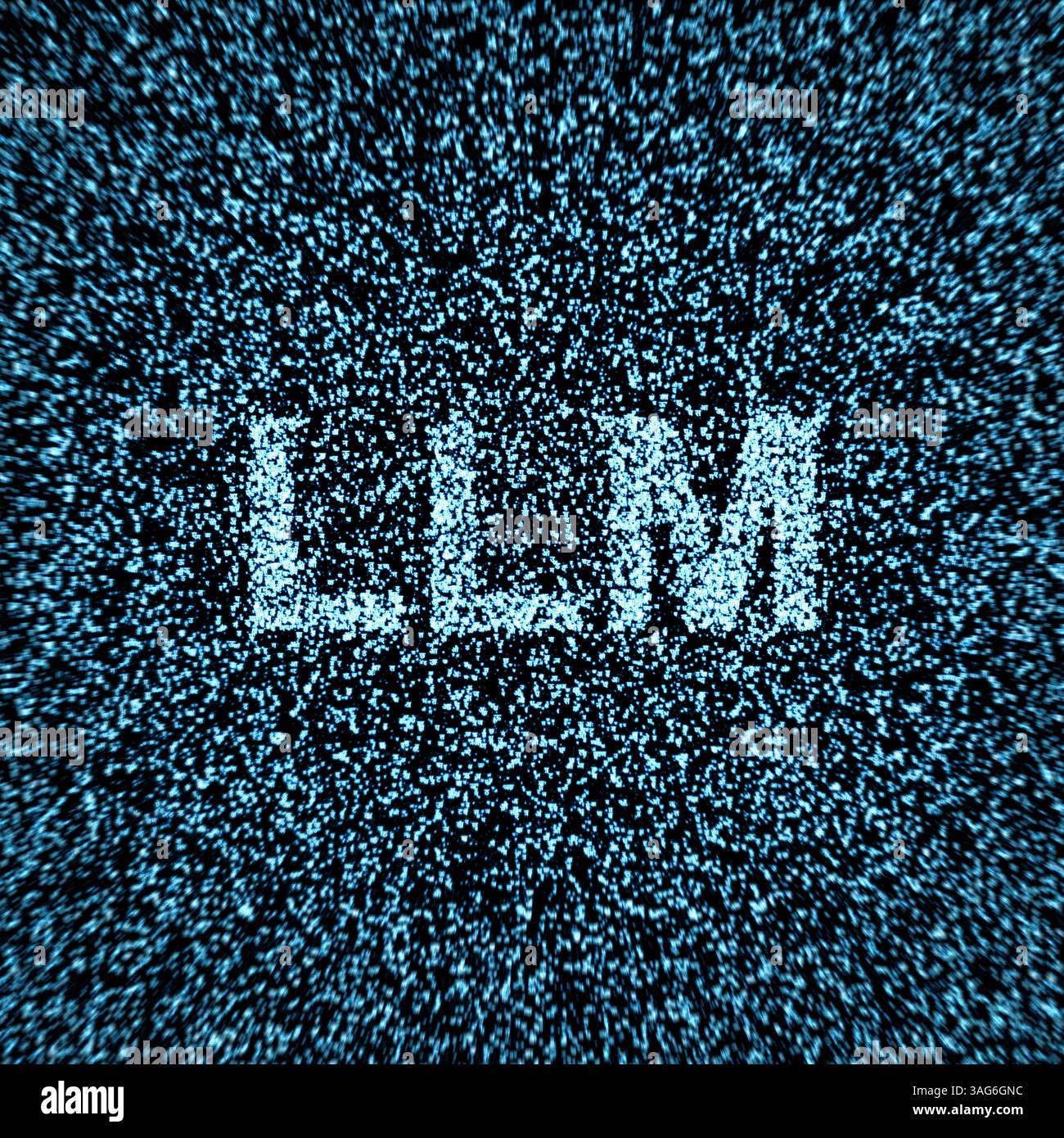 Großformatige Illustration mit Buchstaben des indischen Alphabets hindi, die nach innen fliegen, um das Wort „LLM“ zu bilden – die Kraft großer Sprachmodelle. Stockfoto