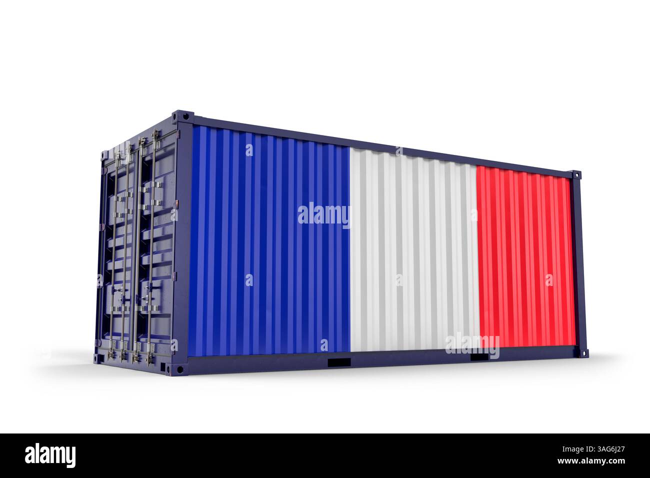 Seeschifffahrtscontainer mit französischer Nationalflagge als Symbol für globalen Handel und Logistiktransport. 3D-Rendering Stockfoto