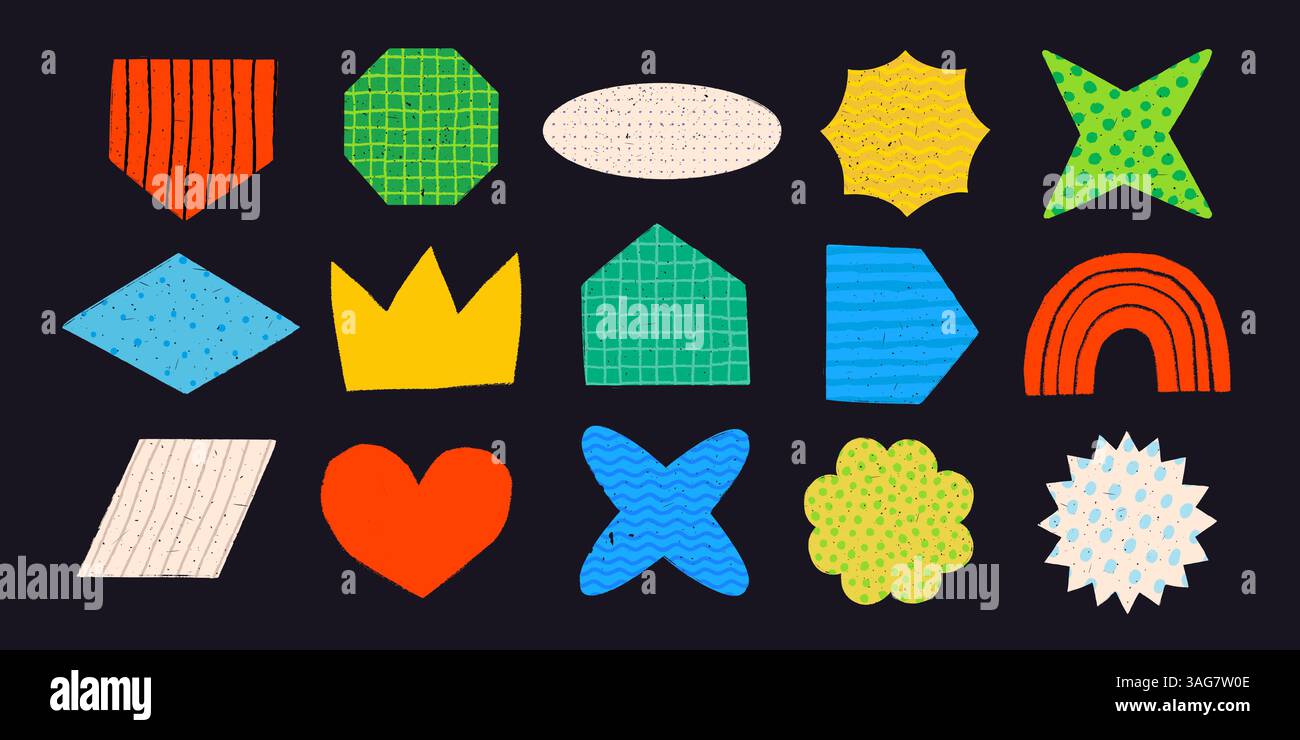 Moderne abstrakte geometrische Formen mit einfachen Mustern und Texturen. Y2K abstraktes, grooviges, brutales geometrisches Formset. Vektorsatz für Aufkleber und Grafik Stock Vektor