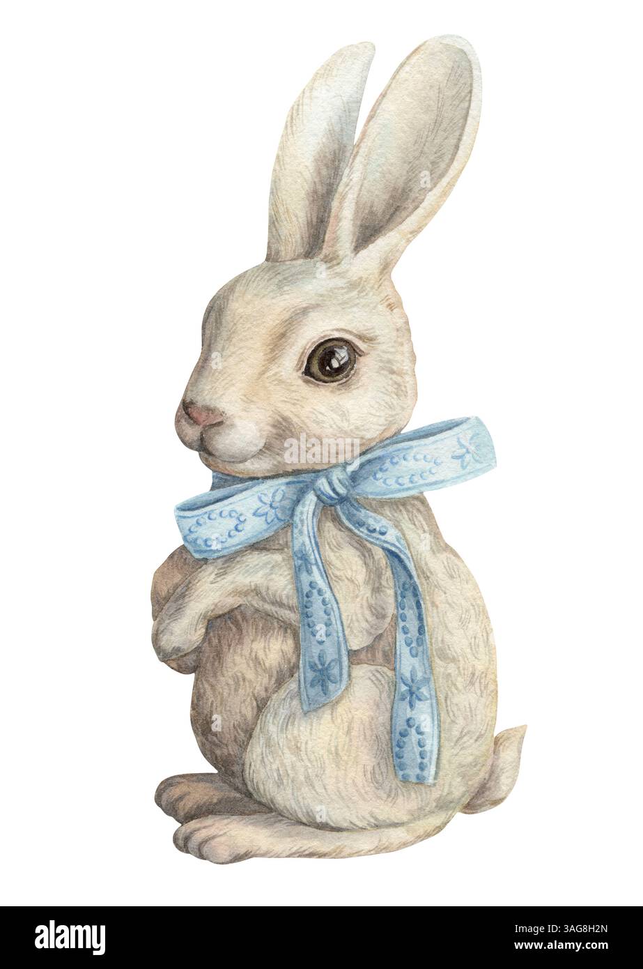 Niedliches weißes Häschen mit blauem Band im Vintage-Oster-Thema. Realistische handgezeichnete Aquarellgrafiken mit weichen Details. Perfekt für Karten Stockfoto