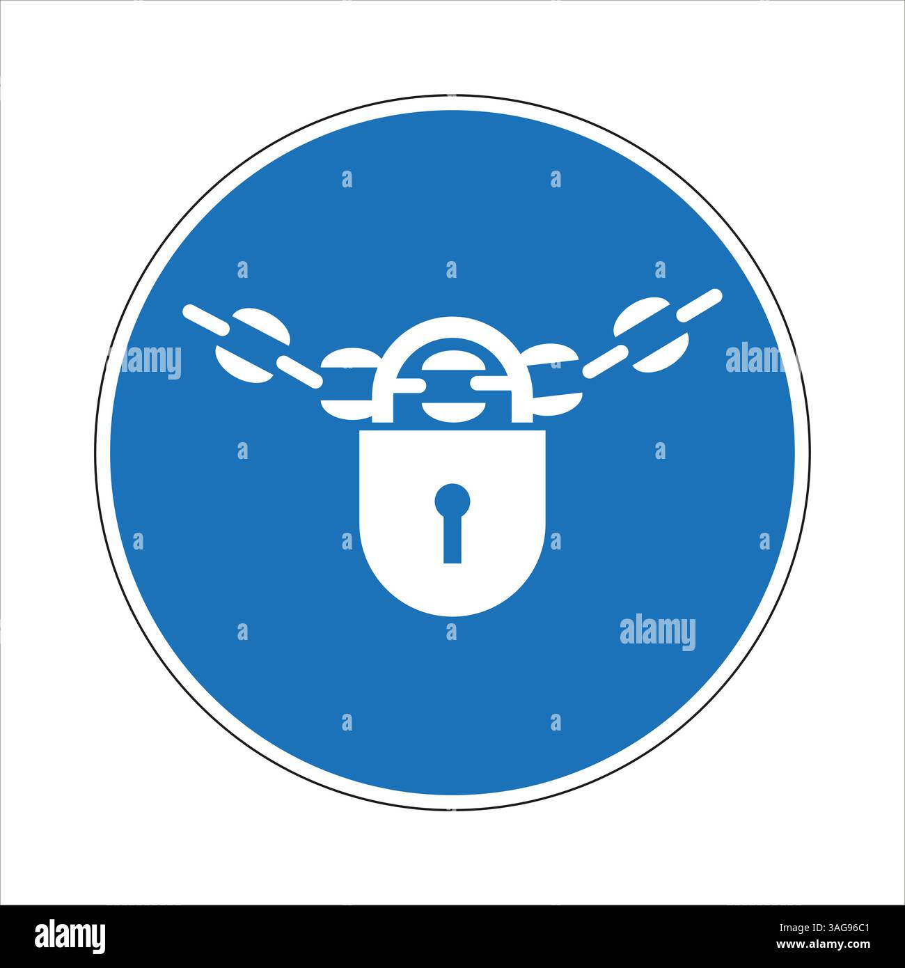 Vorhängeschloss-Befestigungskette in blauem Kreis obligatorisch, Sicherheits- und Sicherheitssymbol Stock Vektor