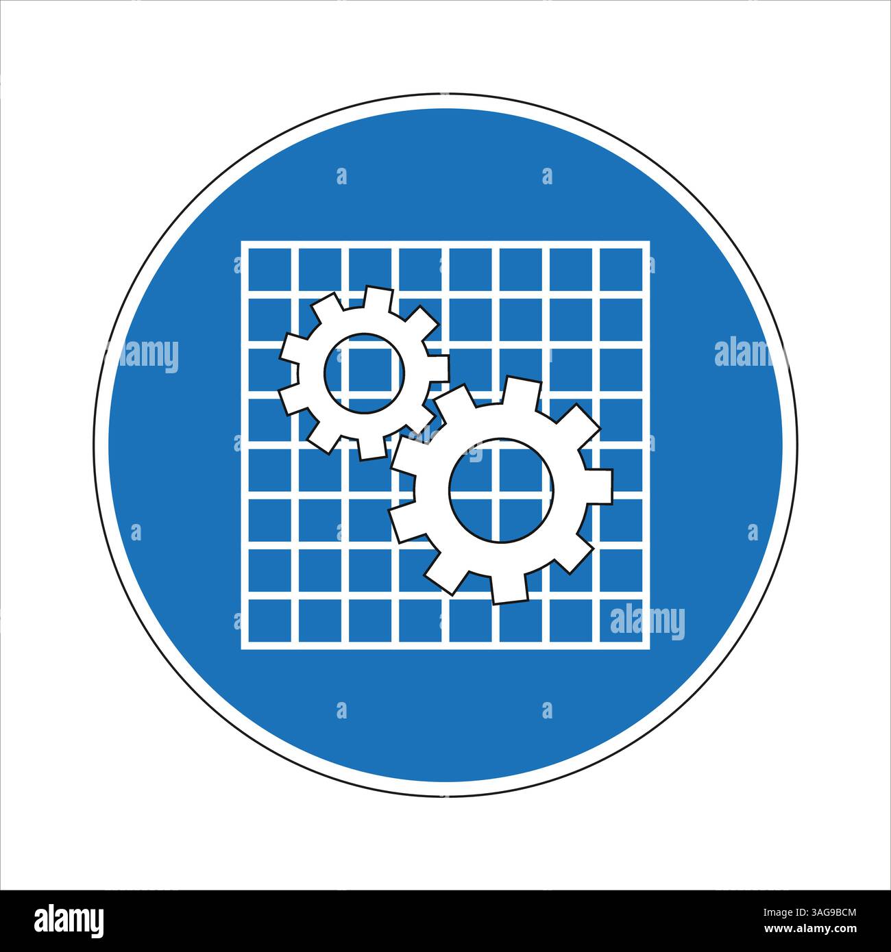 Ineinandergreifende Zahnräder symbolisieren die Projektausführung innerhalb eines strukturierten Entwurfs, hervorgehoben durch ein blaues Kreiszeichen, das die Planung und Umsetzung betont Stock Vektor