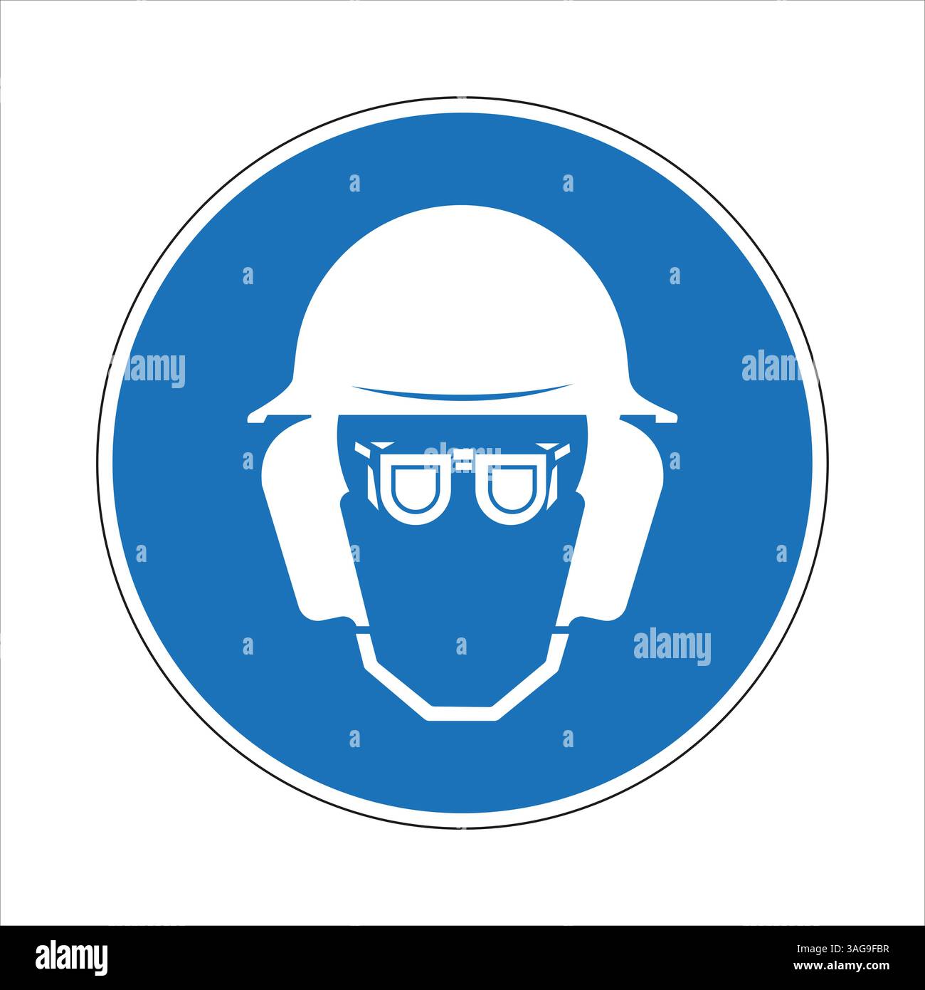 Blaues obligatorisches Schild, das die Benutzung von Helm, Schutzbrille und Gehörschutz zur Förderung der Sicherheit am Arbeitsplatz anzeigt Stock Vektor