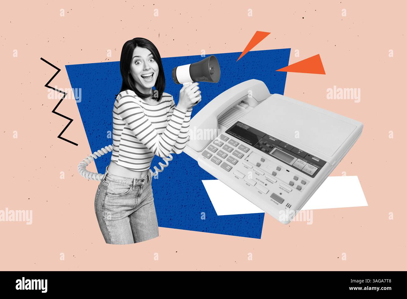 Composite Sketch Bild Trend Artwork Collage der jungen Dame Lächeln Hand halten Lautsprecher Festnetztelefon Anruf Service Vakanz Büro Manager Stockfoto