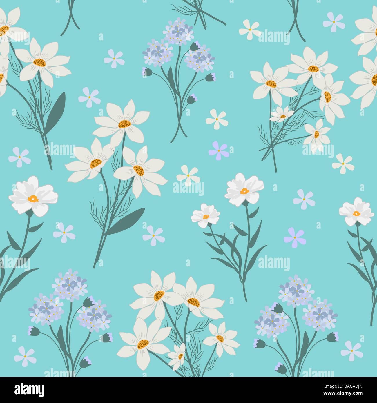 Nahtloses Vektor-Muster mit wilden Blumen. Botanische Kunstillustration für Tapeten, Wanddekoration, Stoff, Textil, Karten. Stock Vektor