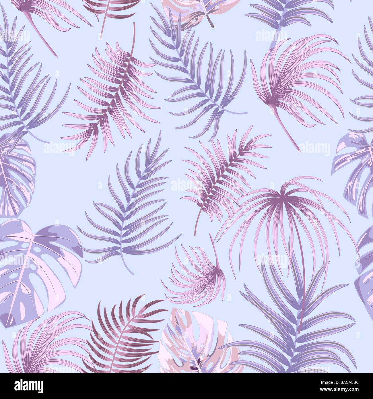 Nahtloses Vektor-Muster mit rosa und lila Palmblättern, Dschungelhintergrund. Botanische Kunstillustration für Tapeten, Wanddekoration, Stoff, Textil Stock Vektor