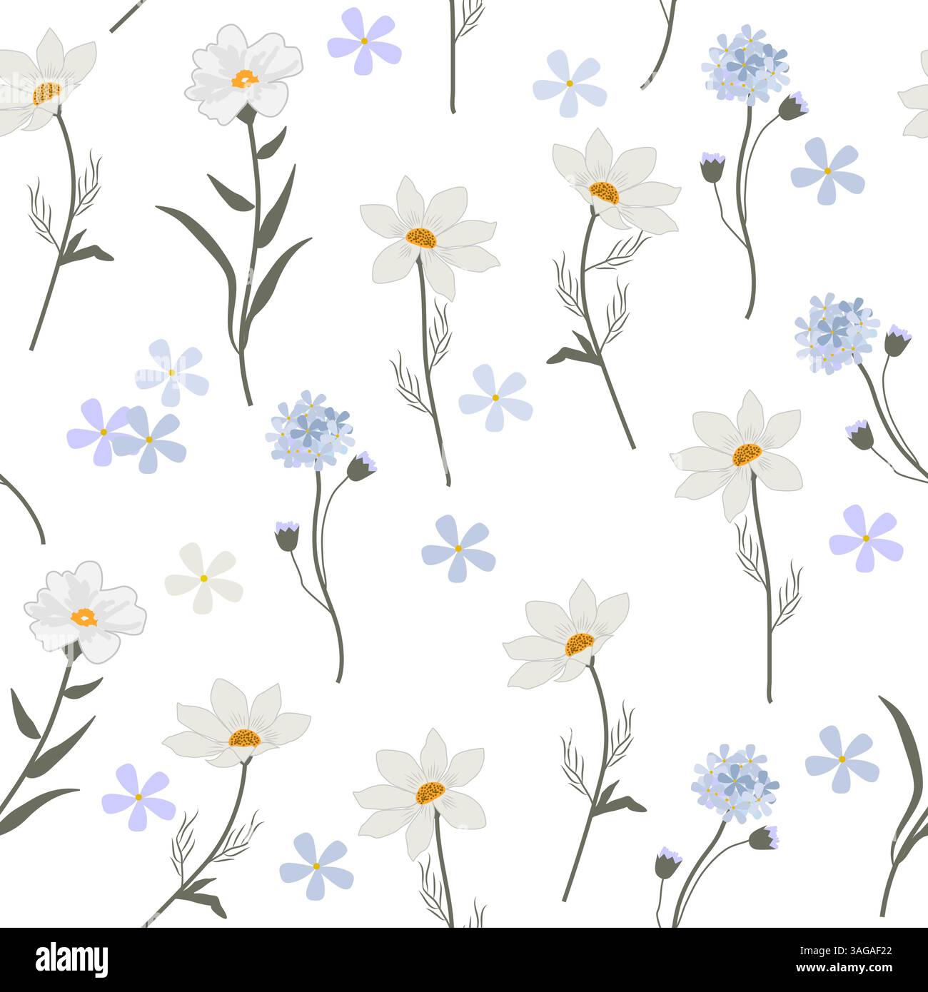 Nahtloses Vektor-Muster mit wilden Blumen, weißer Hintergrund. Botanische Kunstillustration für Tapeten, Wanddekoration, Stoff, Textil, Karten. Stock Vektor