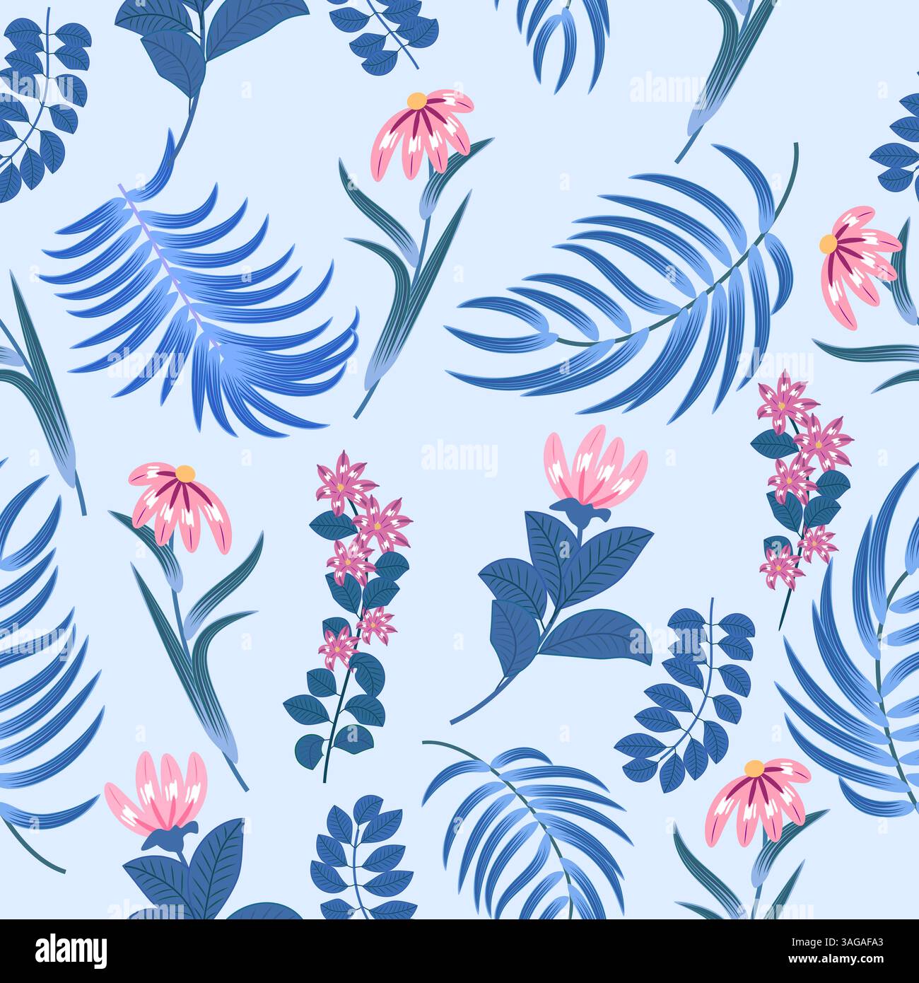 Nahtloses Muster mit rosafarbenen Blumen und tropischen Palmenblättern. Botanik-Vektor-Hintergrund, Dschungeltapete. Stock Vektor