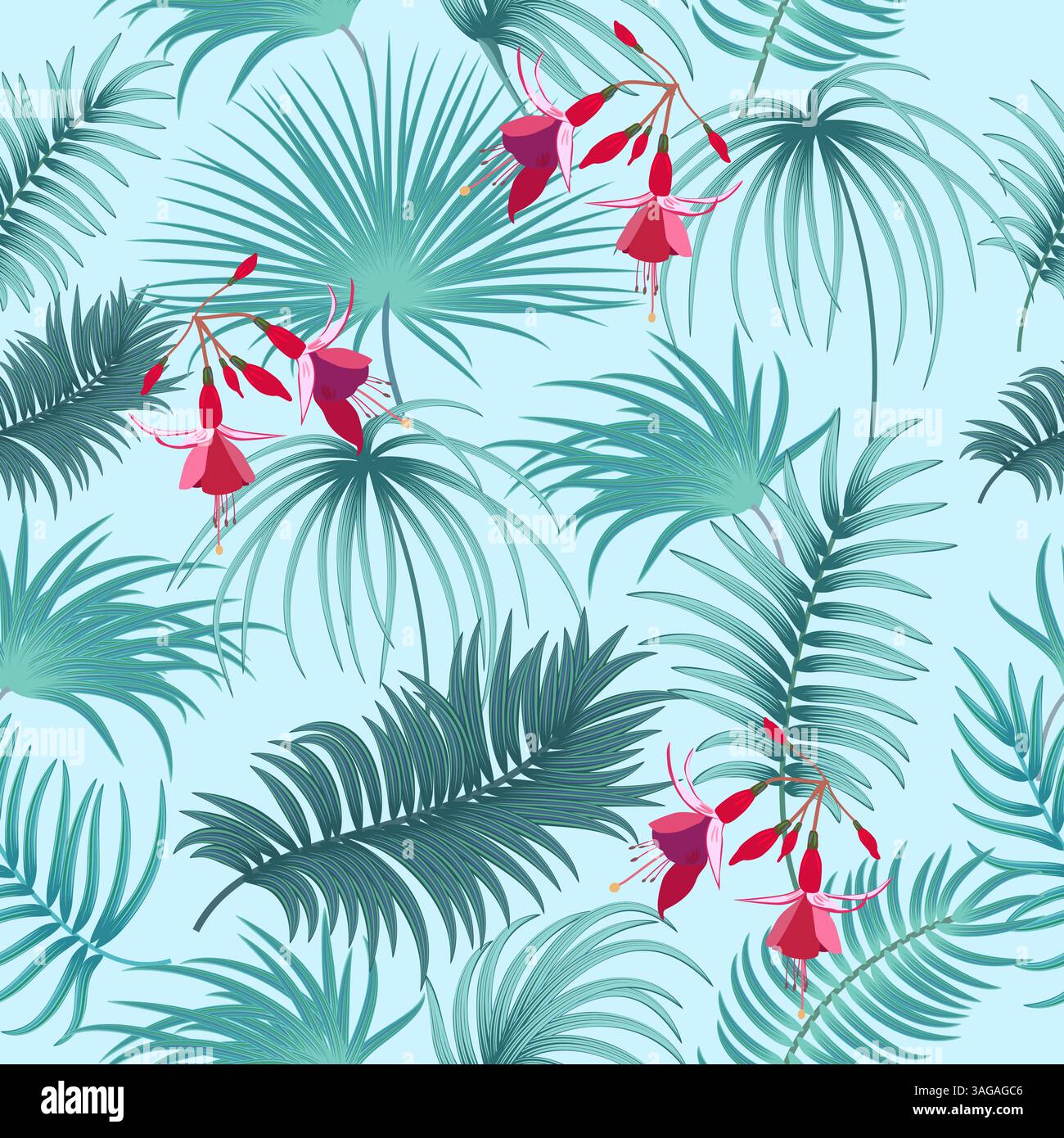 Nahtloses Vektor-Muster mit grünen Palmblättern und Blumen, Dschungelhintergrund. Botanische Kunstillustration für Tapeten, Wanddekoration, Stoff, Text Stock Vektor