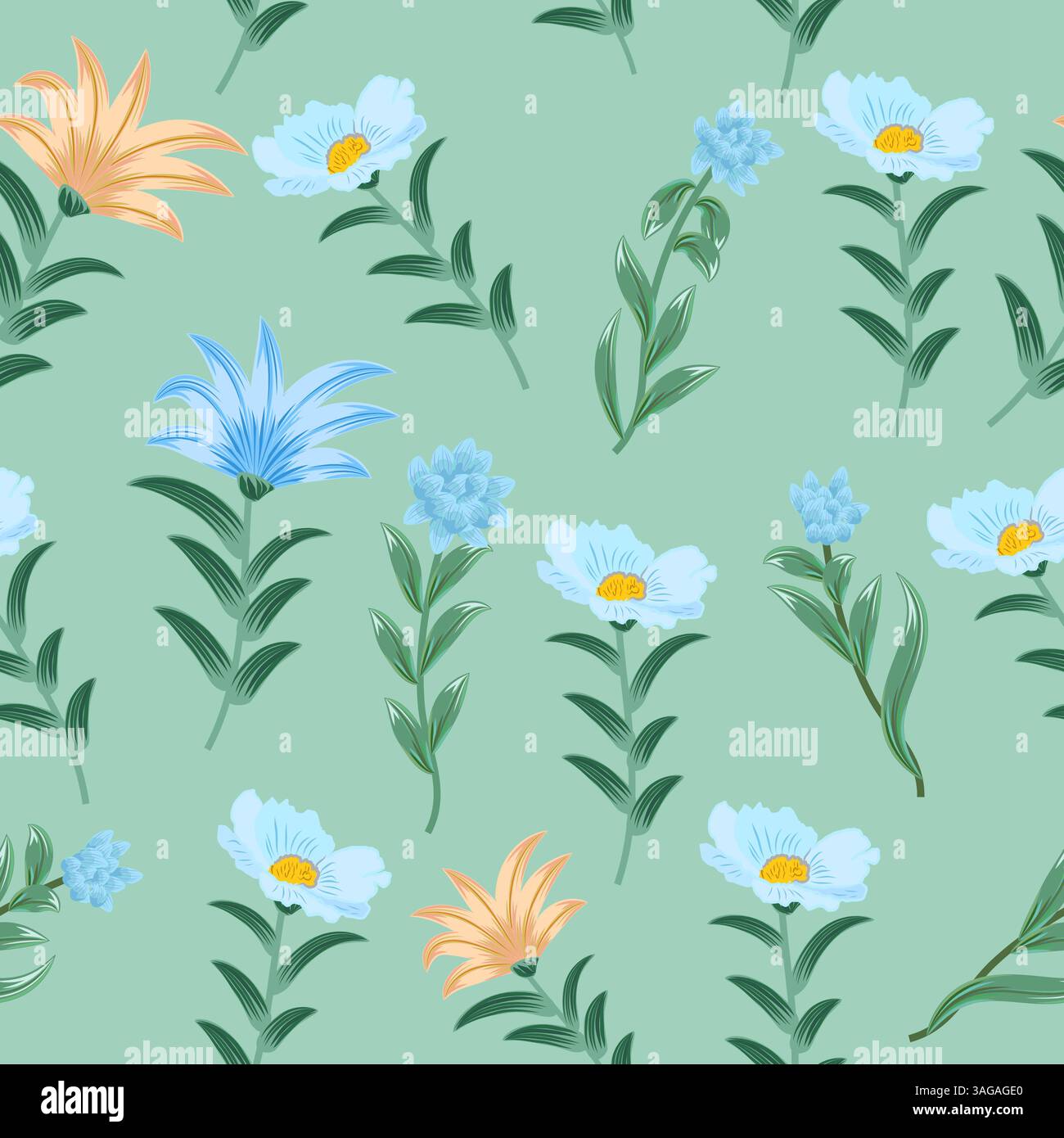 Nahtloses Vektor-Muster mit blauen und gelben Blumen auf weißem Hintergrund. Botanische Kunstillustration für Tapeten, Wanddekoration, Stoff, Textil, Stock Vektor