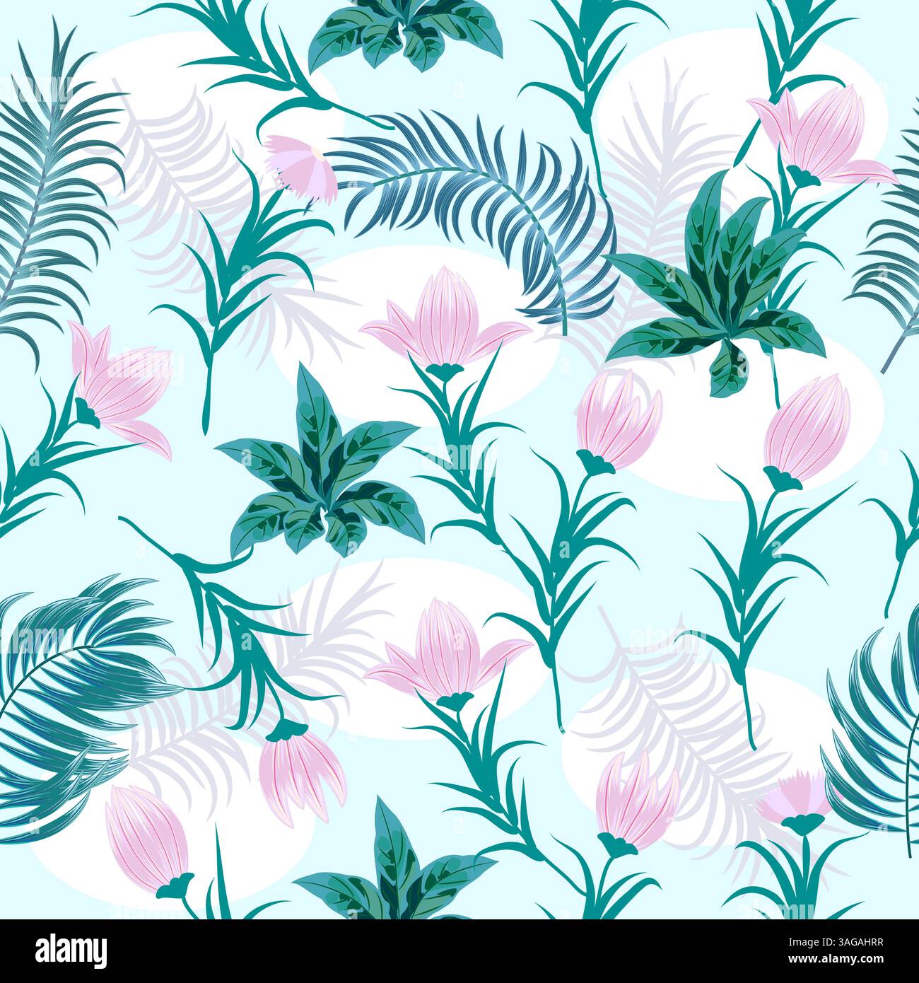 Nahtloses Vektormuster mit tropischen Palmblättern und rosa Blumen auf weißem Hintergrund. Dekorative Blumenabbildung, für Druckdesign, Textil, fa Stock Vektor