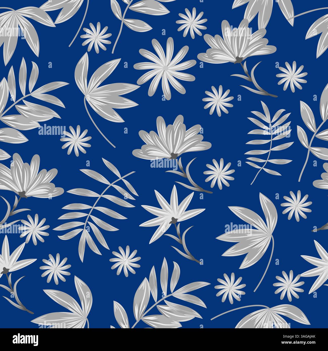 Nahtloses Vektor-Muster mit abstrakten grauen Blumen auf dunkelblauem Hintergrund für Tapete, Stoff, Textil. Stock Vektor