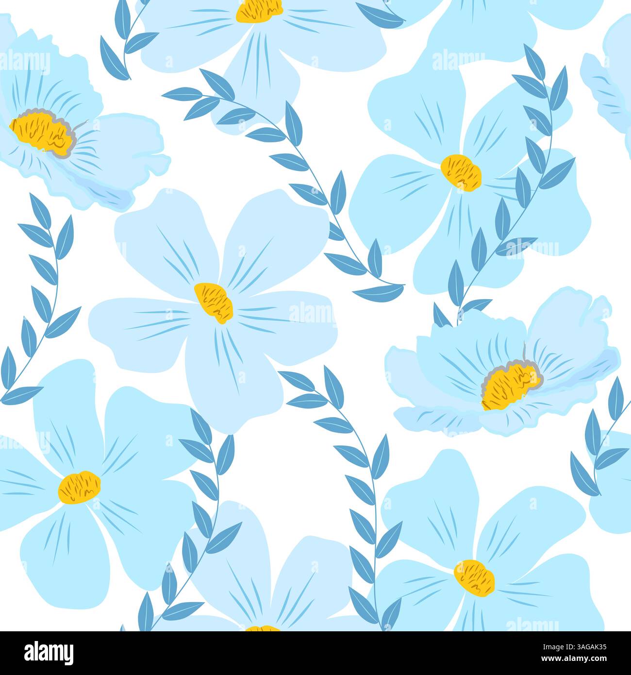 Nahtloses Muster mit abstrakten blauen Blüten auf weiß. Vektor-Hintergrund, Tapete für Stoff, Textil. Stock Vektor