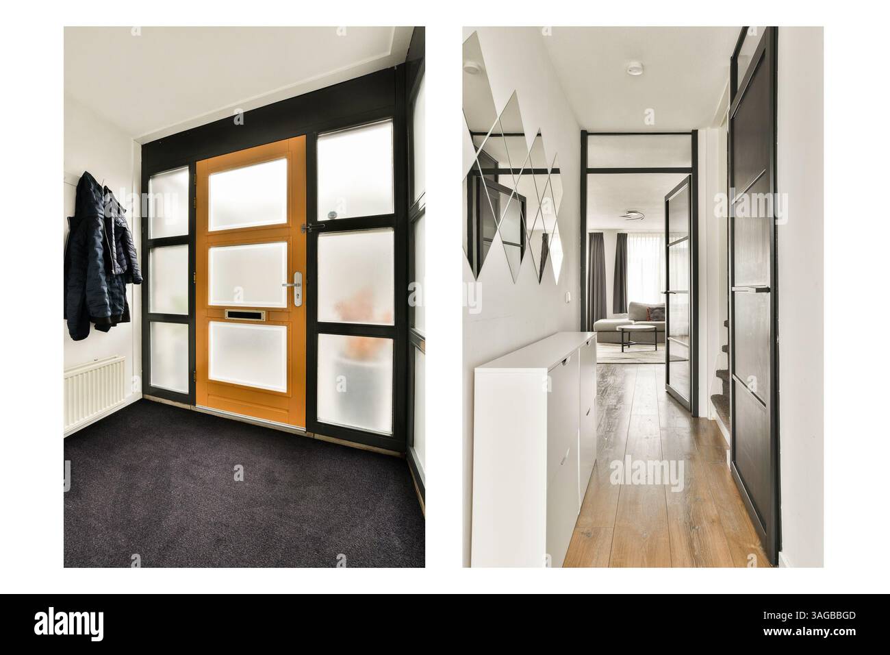 Ein stilvoller, moderner Flur mit eleganter Eingangstür, hellen Wänden und einladender Atmosphäre. Das Design besticht durch zeitgenössische Ästhetik. Stockfoto