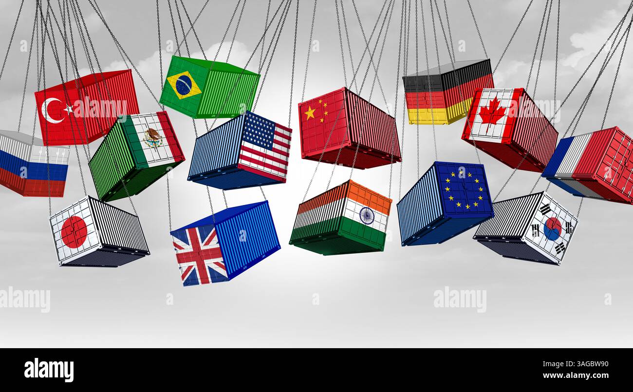 Globaler Handelskrieg und internationale Zölle mit gegensätzlichen Frachtcontainern als Wirtschaftskrise und Steuerstreit um Import und Ex Stockfoto