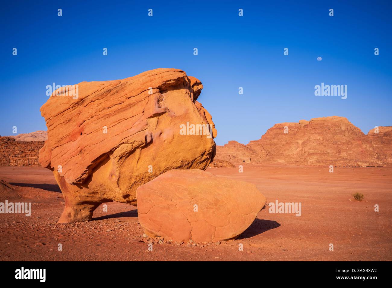 Wadi Rum, Jordanien. Chicken Rock einzigartige, natürliche Sandsteinbildung, die einem Hühnerkopf ähnelt. Stockfoto