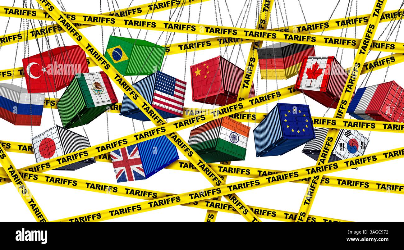 Globale Tarifkrise und Weltzollhandelskrieg oder internationale Verwirrung mit Frachtcontainern im Konflikt als Wirtschaftssteuerstreit Stockfoto