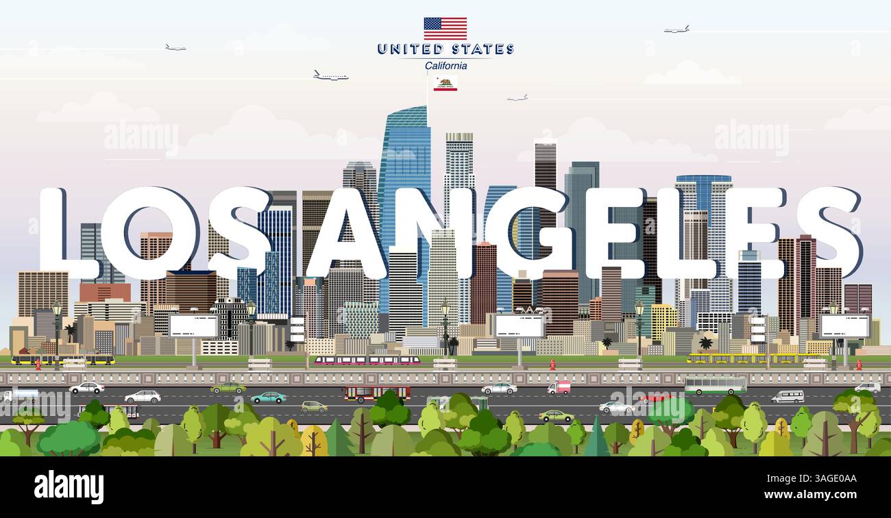 Los Angeles City Skyline bunte Vektor-Illustration. Reiseposter Stock Vektor