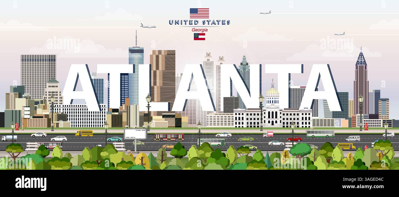 Atlanta City Skyline bunte Vektor-Illustration. Reiseposter Stock Vektor