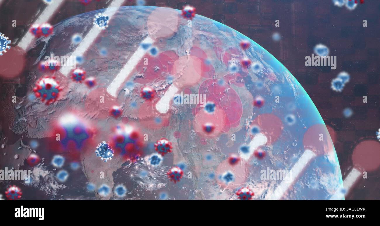 Coronavirus-Partikel rund um die Erde, die weltweite Pandemie-Auswirkungen hervorheben Stockfoto