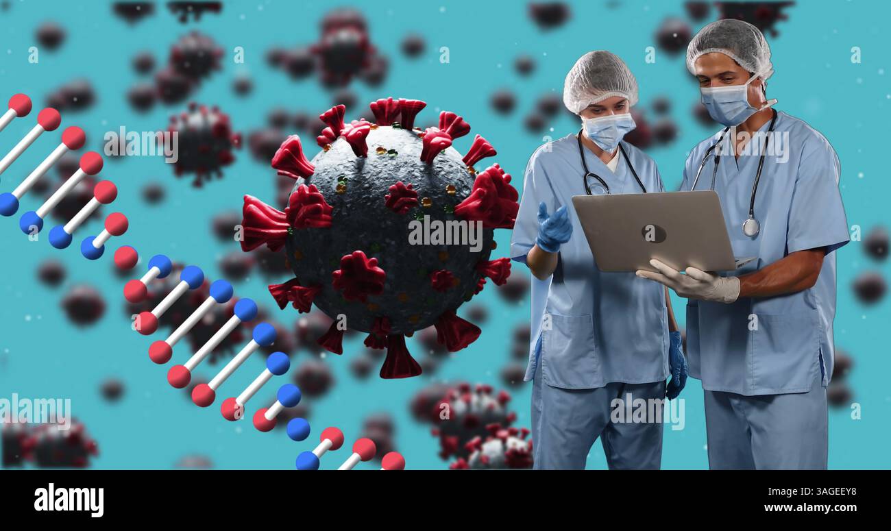 Medizinische Fachkräfte in Scrubs analysieren Daten auf Laptop mit Virus Illustration Stockfoto