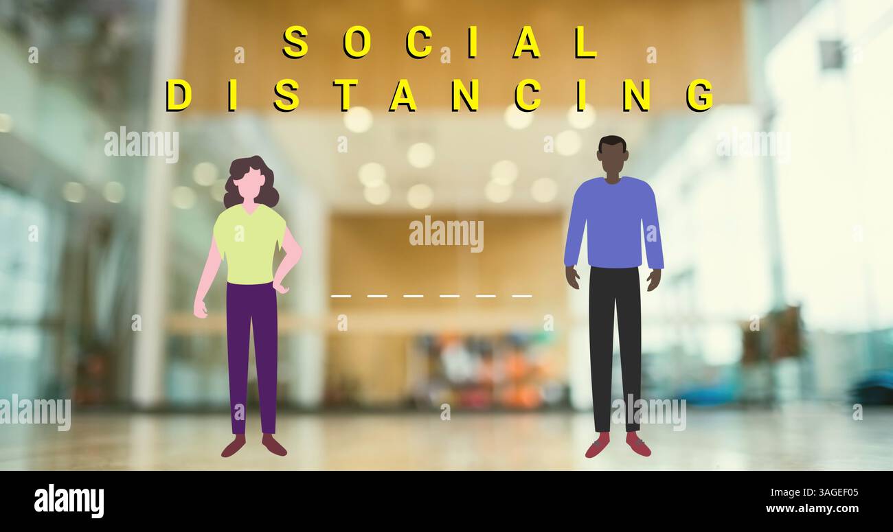 Illustration verschiedener Individuen, die soziale Distanzierung im öffentlichen Raum praktizieren Stockfoto