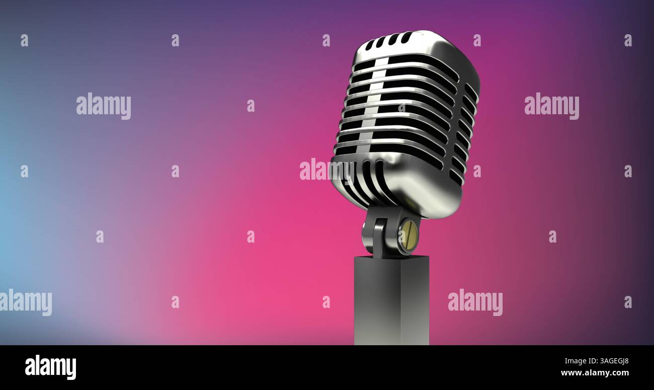 Digitales Bild des Mikrofons vor rosa und blauem Hintergrund mit Farbverlauf Stockfoto