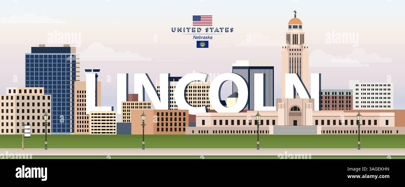 Lincoln City Skyline Bunte Vektor-Illustration. Reiseposter Stock Vektor