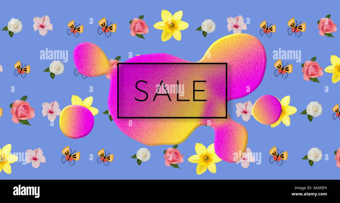 Bild des Verkaufstextes über Flecken und Blumen, die sich in hypnotischer Bewegung bewegen Stockfoto