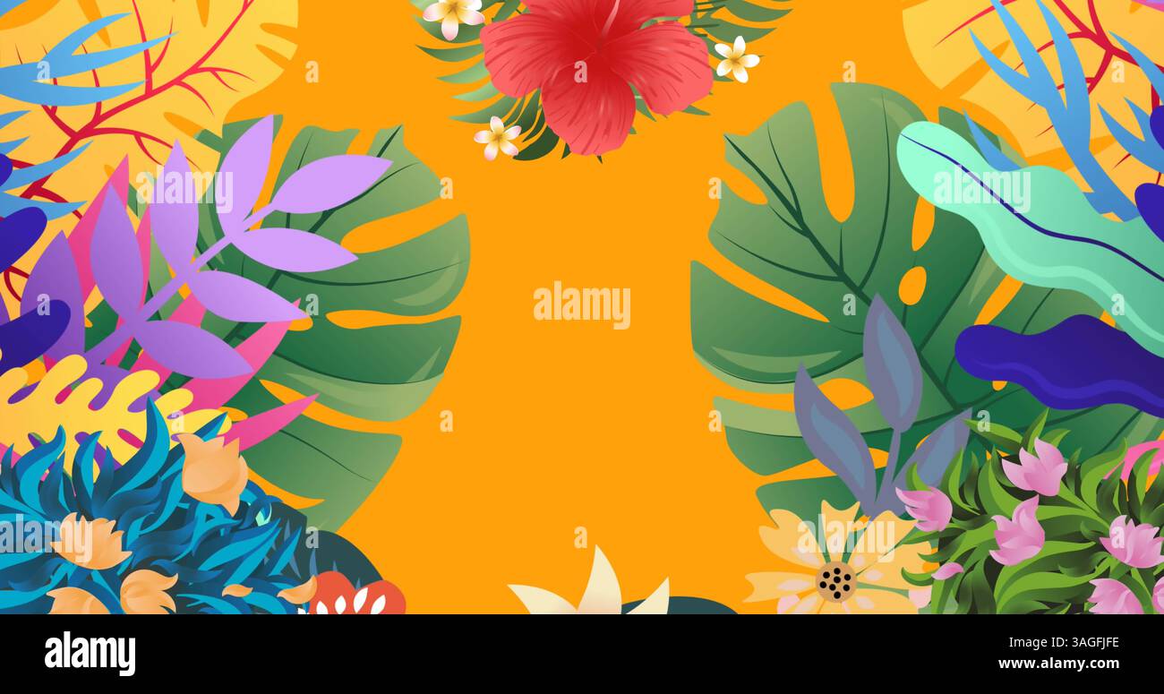 Bild von Blumen, die sich in hypnotischer Bewegung auf orangem Hintergrund bewegen Stockfoto