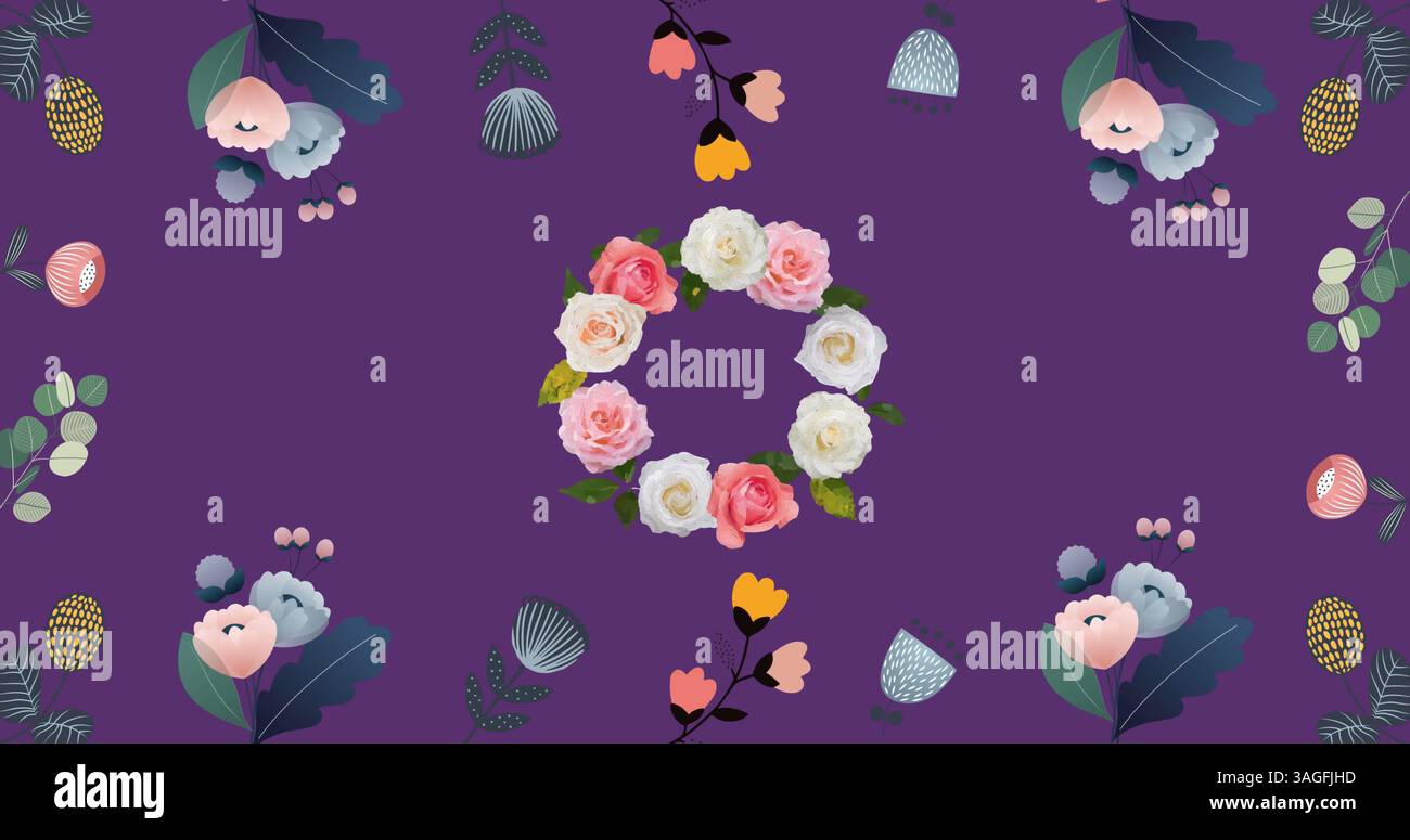 Bild von Blumen, die sich in hypnotischer Bewegung auf violettem Hintergrund bewegen Stockfoto