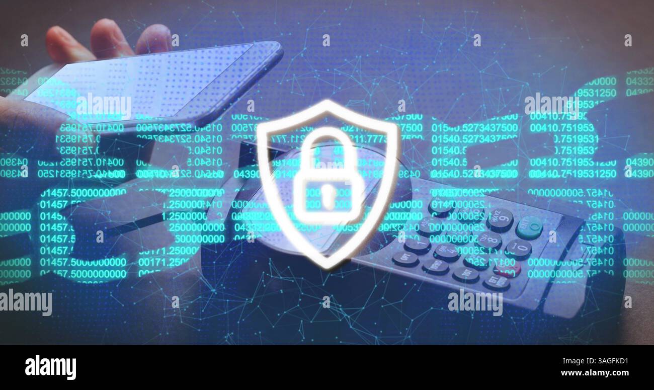 Abbildung: Blockkette und Sicherheitsvorhängeschloss auf der Abschirmung über Smartphone und Zahlungsterminal Stockfoto