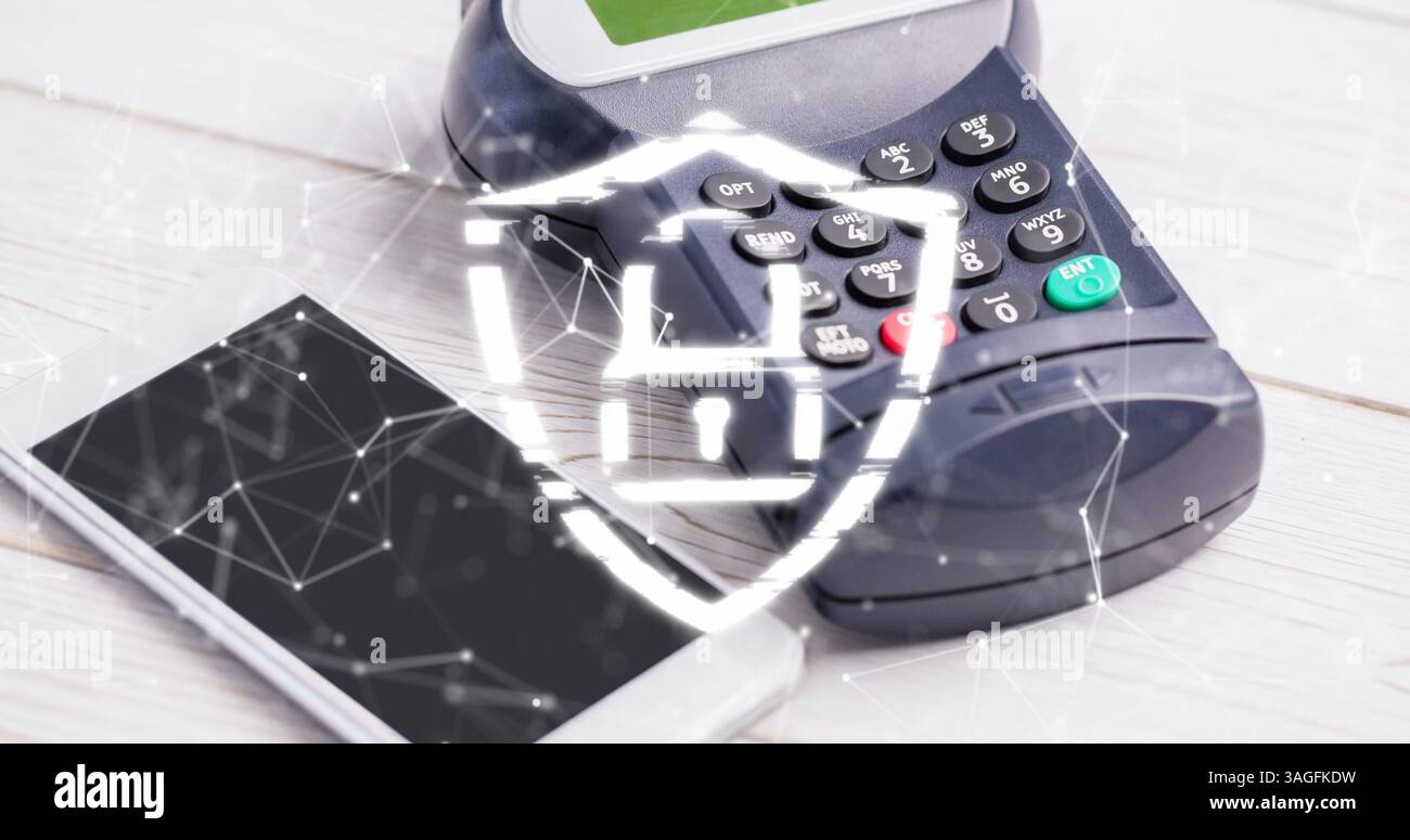 Abbildung: Netzwerk der Verbindungen und Sicherheitsvorhängeschloss über Smartphone und Zahlungsterminal Stockfoto