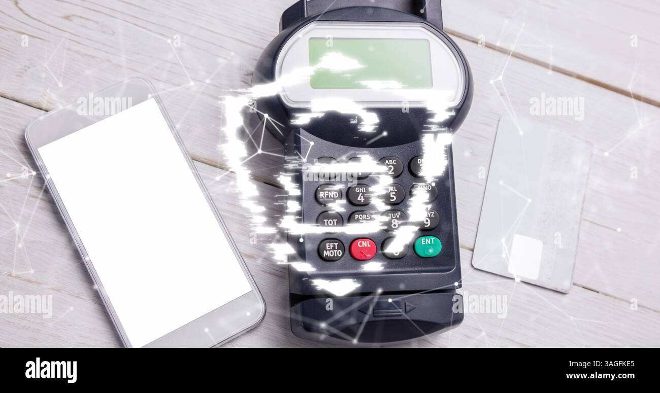 Abbildung: Netzwerk der Verbindungen und Sicherheitsvorhängeschloss auf Schild über dem Zahlungsterminal Stockfoto