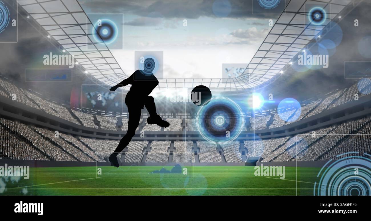 Mehrere Rundscanner über der Silhouette eines Fußballspielers, der einen Ball gegen ein Sportstadion tritt Stockfoto