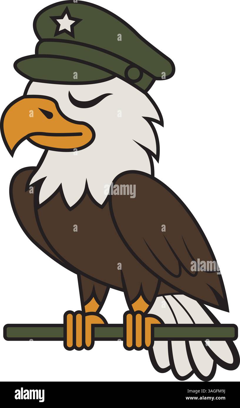 Niedliche Adlercartoon-Vektorkunst mit Armeehut und Sonnenbrille Stock Vektor