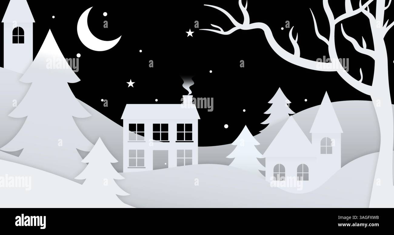 Mehrere Bäume und Haus auf der Winterlandschaft vor grünen Lichtpfaden, die auf schwarzem Hintergrund platzen Stockfoto